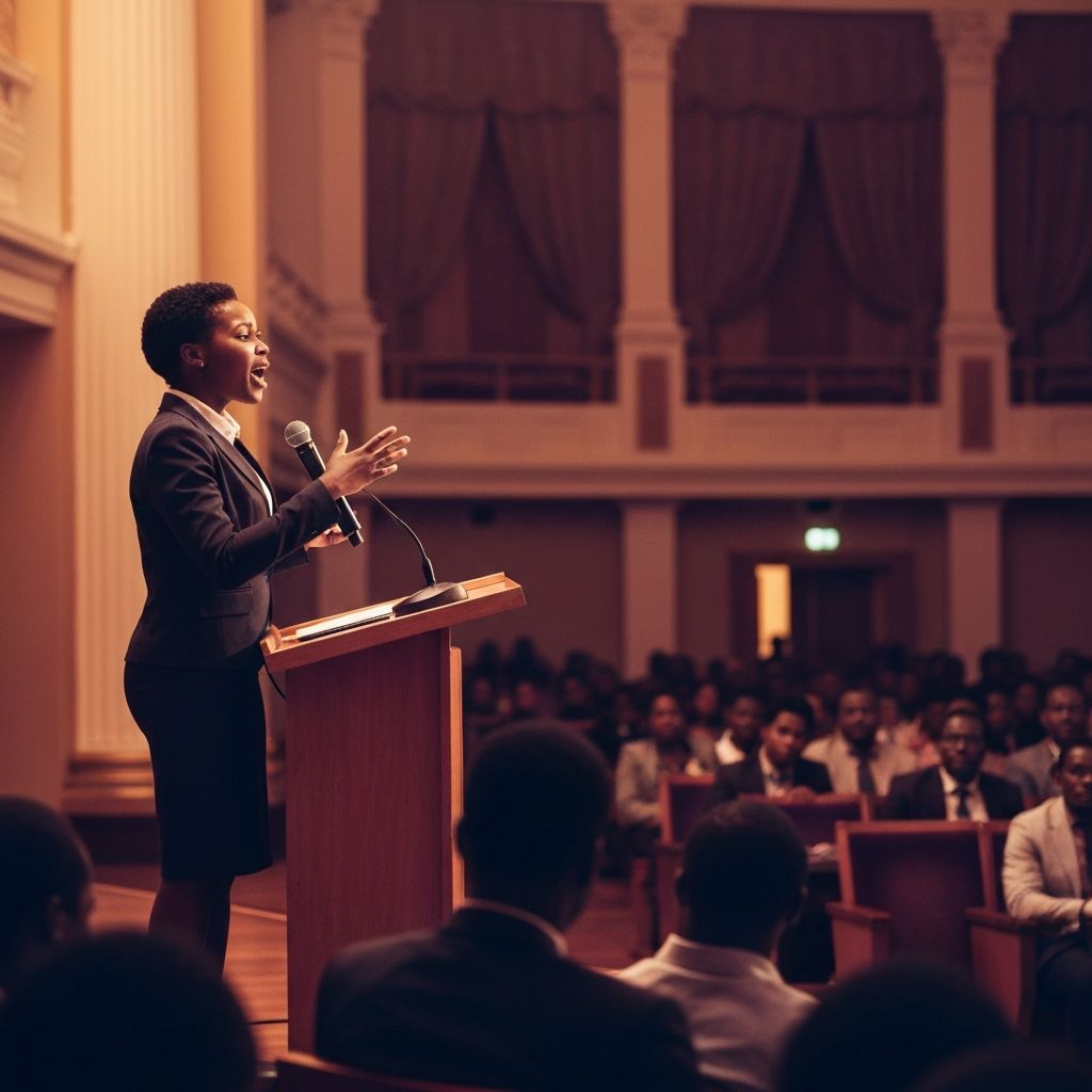 Students engaged in competitive public speaking
